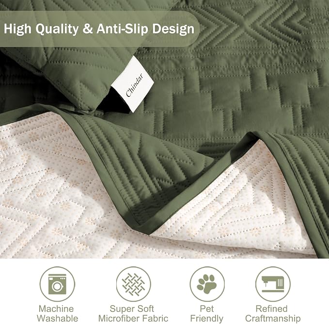 Boho Quilted Pet-Friendly Couch Covers with Pockets, Anti-Slip Aztec Couch Covers for 3 Cushion Couch Sofa, Couch Cover for Dogs Water-Repellent Machine Washable (Large Sofa 68", Olive Green)