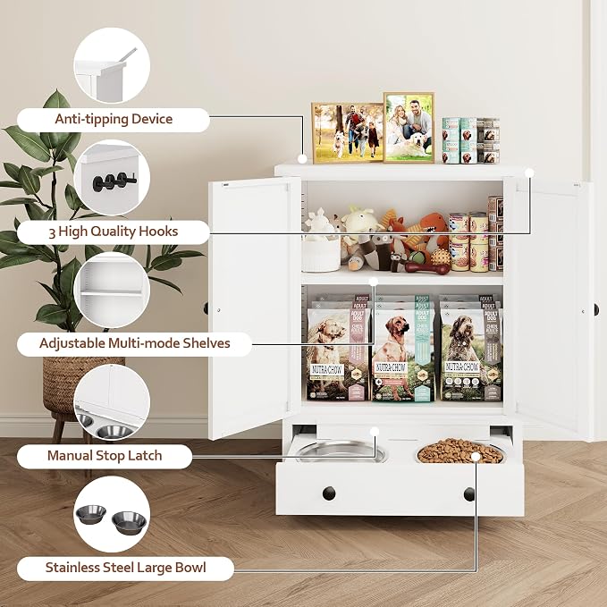 Dog Feeding Station with Storage, Metal Dog Food Storage Cabinet with 2 Elevated Bowls and 3 Hooks, Pet Feeding Station and Dogs Food Storage Organizer, White