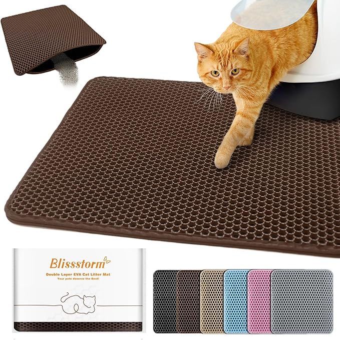 Cat Litter Mat 18"x24",Double Layer EVA litterbox Mat, Brown | Waterproof honeycomb large grid, urine-proof and odor-free. Traps litter, easy cleanup,Washable, non-slip backing