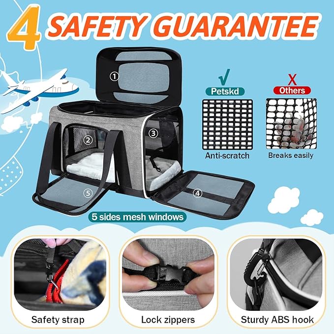 Petskd Top-Expandable Small Pet Carrier 17"x11"x9.5" Airline Approved | for Alaska Airlines, Lockable Safety Zippers and Anti-Scratch Mesh, Soft-Sided, Pets Under 10 Lbs, Grey