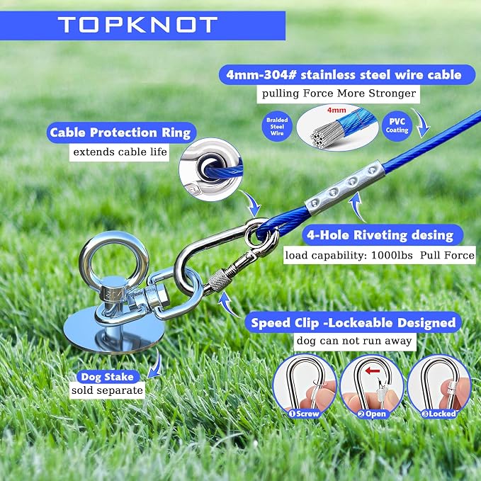 TOPKNOT Dog Tie Out Cable and Stake,with 20FT Heavy Duty Cable,360°Swivel Dog Run- No Tangle,Runner for Yard R- Up to 150LBS,Ideal for Outdoor Camping