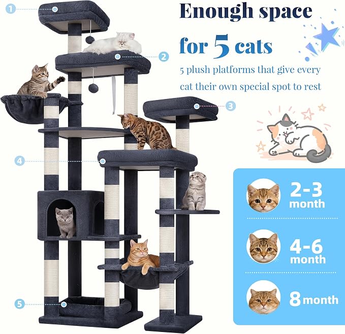 Hey-brother Cat Tree Tower, Wide Base, 5 Platforms for Multi-Cats, MPJ074G | 72.8 Inches Tall Furniture, 5 Plush Beds, Large Condo, Big Hammocks, Sisal Scratching Posts, for Indoor Adult Cat, Smoky Gray