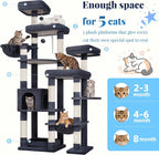 Hey-brother Cat Tree Tower, Wide Base, 5 Platforms for Multi-Cats, MPJ074G | 72.8 Inches Tall Furniture, 5 Plush Beds, Large Condo, Big Hammocks, Sisal Scratching Posts, for Indoor Adult Cat, Smoky Gray