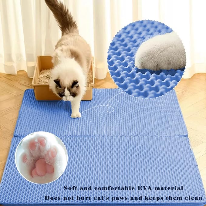HCY&WLD Cat Litter Mat, Double Layer Cat Litter Box Mat (45x26 Inch, Blue) | Waterproof Urine-Proof Non-Slip Litter Trapping Mat, Soft on Kitty Paws, Scratch-Resistant, Scatter Control, Easy to Clean