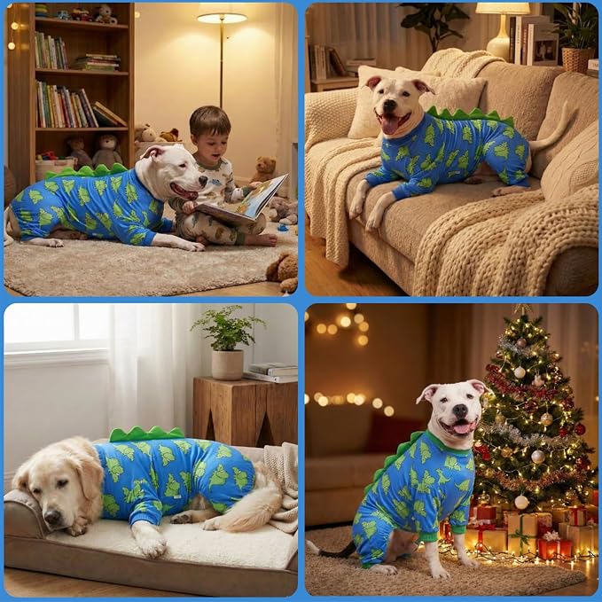 LovinPet Large Dog Pajamas, Four-Leg Stretch Onesie Bodysuit, Lightweight UV-Shielding Pajamas, Anti-Lick Calming Recovery Suit for Surgery, Pull-On for Medium and Large Breeds,Blue Green,XL