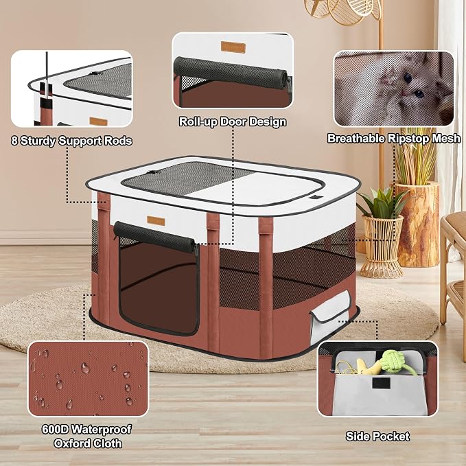 Dog Playpen - Foldable Cat Play Pens for Pubby, Kitten, Rabbit, Portable Pet Tent with Carring Bag for Indoor/Outdoor Travel Camping (Brown-Small)