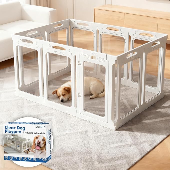 Acrylic Dog Playpen Indoor with Toilet, Height 30 Inch, 10 Panels, Ideal for Small & Toy Dogs, White