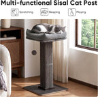 FUKUMARU Retro-Style Cat Scratching Post with Perch for Indoor Adult Cats | 28.7" Elevated Tall Cat Bed, Solid Wood Large Cat Scratcher Tower with Bed, Aesthetic Cat Tree Furniture with Natural Sisal