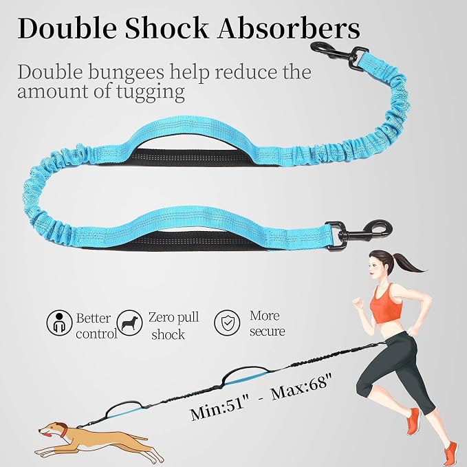 iYoShop Hands Free Dog Leash with Zipper Pouch, Dual Padded Handles and Durable Bungee for Walking, Jogging and Running Your Dog (Large, 25-120 lbs, Blue)