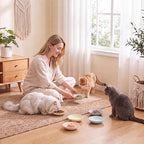 Ceramic Cat Food Bowl Set - 5.6 inch Colorful Cat Feeding Bowls with Non Slip Pads - Wide Shallow Whisker Friendly Plates Cute Dish - Microwave and Dishwasher Safe - 6 Pack - 5.3 oz