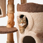 Modern Cat Tree for Indoor Large Cats & Multi-Cat Households, 68'' Solid Wood Cat Tower with 3 Condos, Heavy Duty Cat Tower with Scratching Post, Multi-Level Cat House, Perch, Hammock, Hideaway, Brown