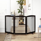 PUPETPO Freestanding Pet Gate for Dogs, Foldable Wooden Dog Gate for House Indoor, Tall Pet Fence for Stair, Doorway,Hall, Support Feet Included, 3 Panels 32",Brown