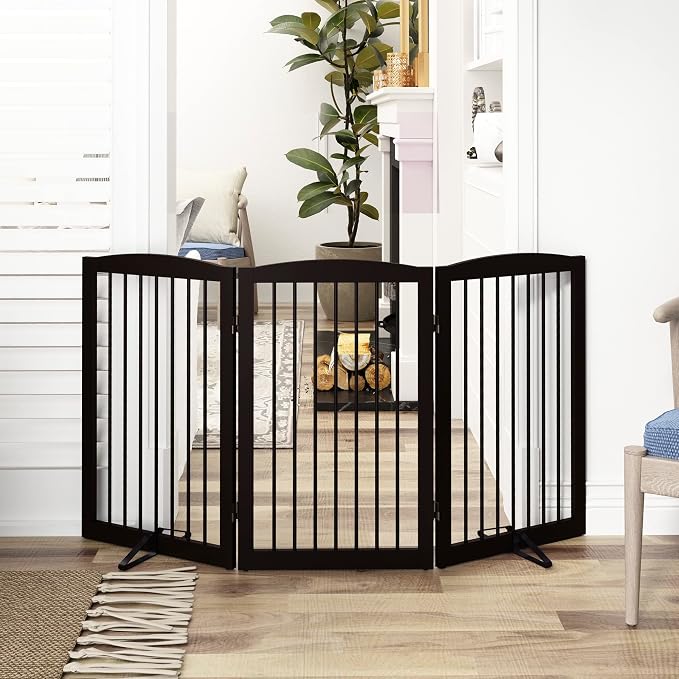PUPETPO Freestanding Pet Gate for Dogs, Foldable Wooden Dog Gate for House Indoor, Tall Pet Fence for Stair, Doorway,Hall, Support Feet Included, 3 Panels 32",Brown