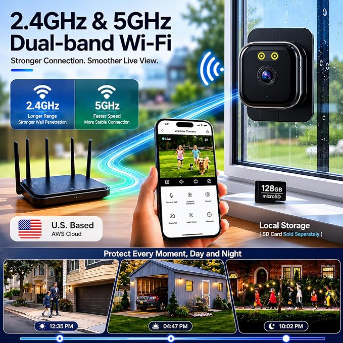 Window Camera 3MP 2K Indoor for Home Security, Color Night Vision - 1Pack | No Drilling See Outside from Inside Through Glass, 2.4GHz & 5GHz WiFi, AI Person Detection, Anti-Reflection Design