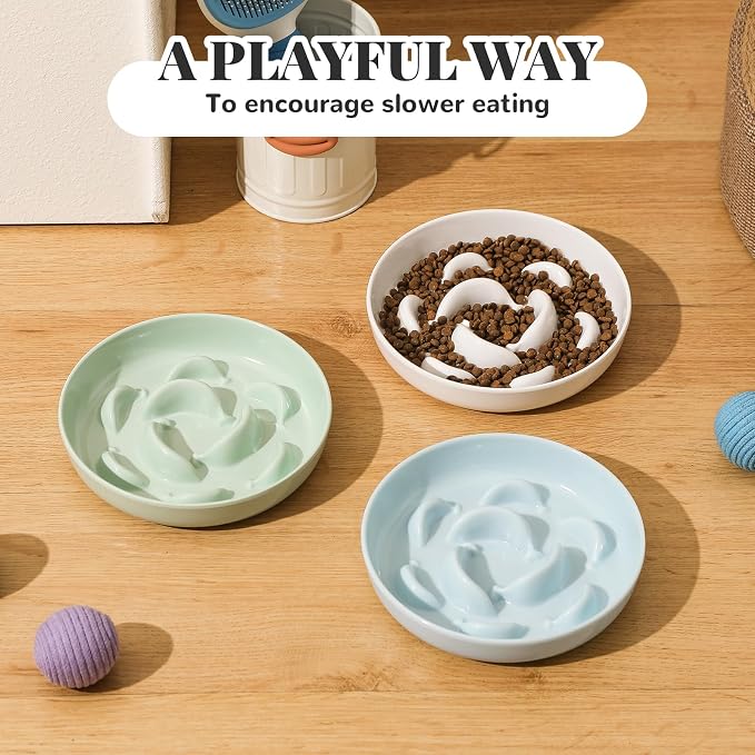 Melamine Cat Slow Feeder Bowl - Pastel Series Cat Plate for Dry and Wet Food - Cute Maze Feeder Dish for Healthy Eating - Dishwasher Safe - 6.3''W x 1.2''H - 7 OZ - Mint Green