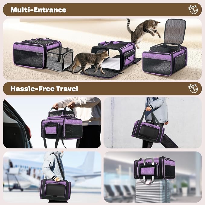 Top and 2 Sides Expandable Cat Carrier 18x13.5x9.5, TSA Airline Approved Dog Carriers for Small Dogs, Soft-Sided Pet Carrier with Self-Locking Zippers for Kitten,Rabbit, Puppy Purple