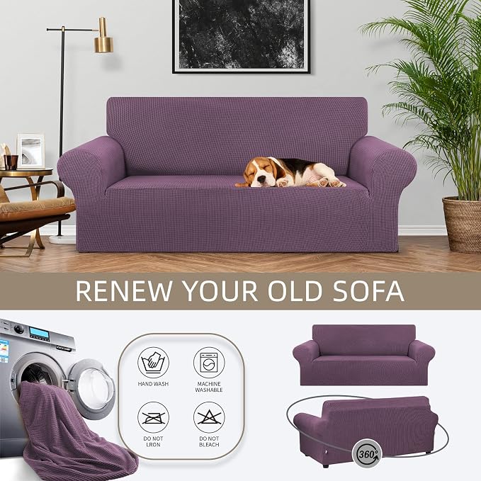 Stretch Loveseat Couch Cover, 2 Cushion Couch Slipcover,Dark Purple | 1-Piece Washable Sofa Cover Pet Friendly (55"-78") Furniture Protector Soft Jacquard, Elastic Bottom for Dogs & Kids