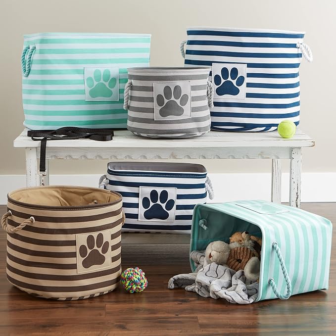 Bone Dry Pet Storage Collection Striped Paw Patch Bin, Medium Round, Gray