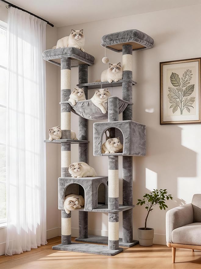Hey-brother Cat Tree Tower with Multi-Level Duty Scratching Posts, 0MPJ039W | 80.7 Inches XL Cat Furniture with Large Platforms, Cozy Condos, Big Hammock, Toy Balls for Indoor Adult Cats, Light Gray