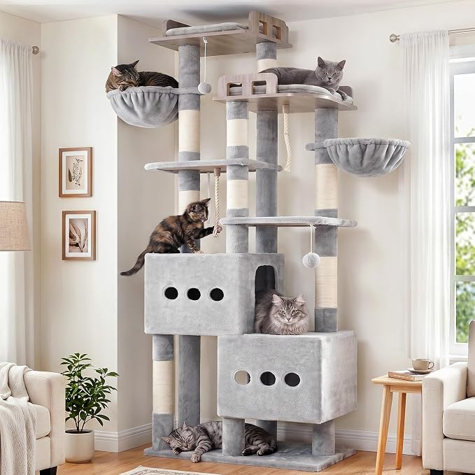 Gitelsnour Sturdy Cat Tree Tower with 2 Large Condos, 4 Big Perchs GCT039W | 74.8" Sturdy Cat Furniture for Indoor Cats Large Adult with 2 Cozy Cat Baskets, Sisal Scratching Posts & Toys, Light Gray