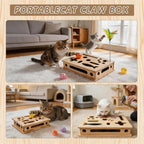 Cat Scratch Puzzle Enrichment Box for Indoor, with 3 Balls & 1 Wand | Integrated Cat Nail File Scratcher with Sandpaper Liner - Stress Free Alternative to Clippers & Grinders for Indoor Cats (L)
