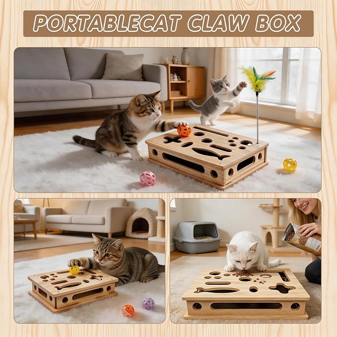 Cat Scratch Puzzle Enrichment Box for Indoor, with 3 Balls & 1 Wand | Integrated Cat Nail File Scratcher with Sandpaper Liner - Stress Free Alternative to Clippers & Grinders for Indoor Cats (L)
