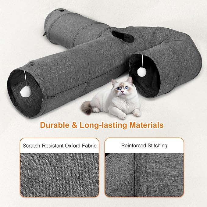 Ownpets 10" Large Cat Tunnel 3-Way U-Shape Oxford Fabric for Large Cat | Silent oxford fabric no noise, expandable 3-channel design, with plush ball ,feather wand, peek hole, for multi-cat household
