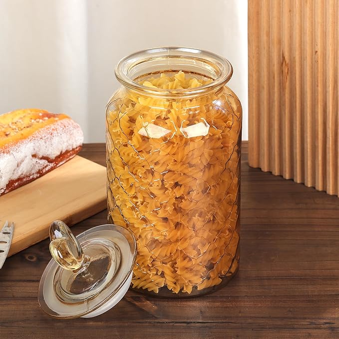 Joeyan 45 oz Amber Glass Canisters with Airtight Lids,Vintage Embossed Glass Storage Jar,Decorative Kitchen Food Container Organizer Apothecary Jars for Candy, Flour, Coffee Bean, Cookie, Pet Treats
