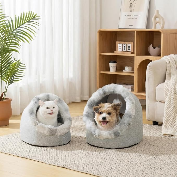 Avont Cat Bed Cave for Indoor Cats, Semi-Enclosed with Washable Cushion | Anti-Slip Bottom, Warm Plush, for Kittens & Small Dogs Under 10 lbs (M)