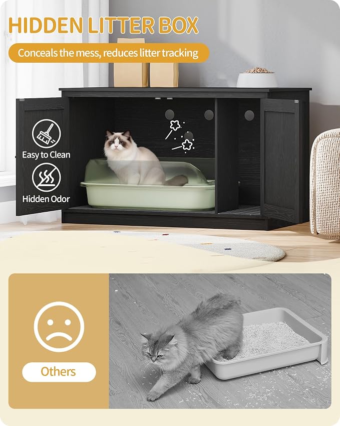 Hzuaneri Cat Litter Box Enclosure, Hidden Litter Box Furniture with Divider | Wooden Cat Cabinet with Removable Dividers, Reversible Entrance Left or Right Side, Cat Washroom, Black CB84704X