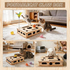 Wooden Cat Scratch Puzzle Enrichment Box, with 3 Balls & 1 Wand | Integrated Cat Nail File Scratcher with Sandpaper Liner - Stress Free Alternative to Clippers & Grinders for Indoor Cats (S)