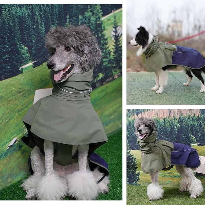 MAMORE Dog Raincoat with High Collar - Waterproof Adjustable Dog Rain Jacket, Lightweight Reflective Pet Rain Coat for Small Medium Large Dogs for Outdoor Walking Hiking(Green&Navy, Large)