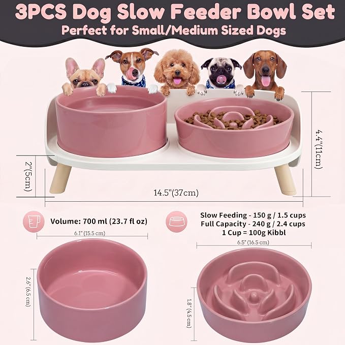 Elevated Slow Feeder Dog Bowls with Splash Proof Stand, Slow Eating 5X | 6.5″ Dog Slow Feeding Bowls & 6.1″ Dog Food Dish, Non-Slip Raised Food and Water Bowl Set for Small and Medium Breeds, Pink