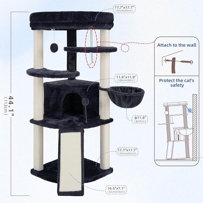 Gitelsnour Corner Cat Tree Tower with All Sisal Scratching Posts GCT025G | 44.1" Cat Furniture with Multi-level Cat Condo, Cat Cave, Hanging Basket, Sisal Scratching Ramp for Indoor Cats, Drak Gray