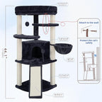 Gitelsnour Corner Cat Tree Tower with All Sisal Scratching Posts GCT025G | 44.1" Cat Furniture with Multi-level Cat Condo, Cat Cave, Hanging Basket, Sisal Scratching Ramp for Indoor Cats, Drak Gray