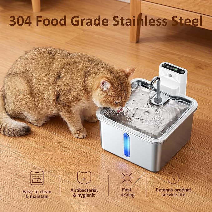 Cat Water Fountain Stainless Steel, 135fl-oz/4L Wireless Cat Fountain,Water & Battery Separation,4000mAh Battery Operated Cat Drinking Fountain with Faucet