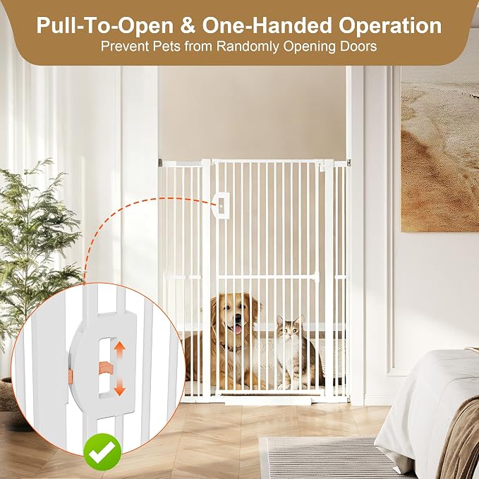 Jekriuet 57" Extra Tall Pet Gate, 27.5"-38.5" Wide, White | Dog Cat Gate for Doorways Hallways Stairs,Pressure Mounted 1.18" Ultra Narrow Gap No Drilling One-Handed Auto-Close