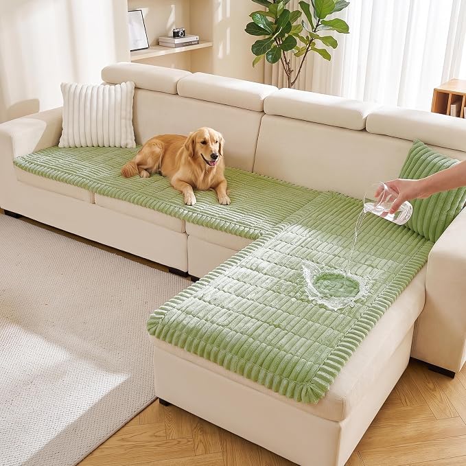FUANGUI 2 Pack Waterproof Couch Cover for Dogs Pets Sofa Protector | Non-Slip Washable Fuzzy Soft Sofa Slipcover for 2 PCS L Shaped Sofa Pet Friendly, 27.6" x 70.9"+27.6" x 82.7", Grass Green