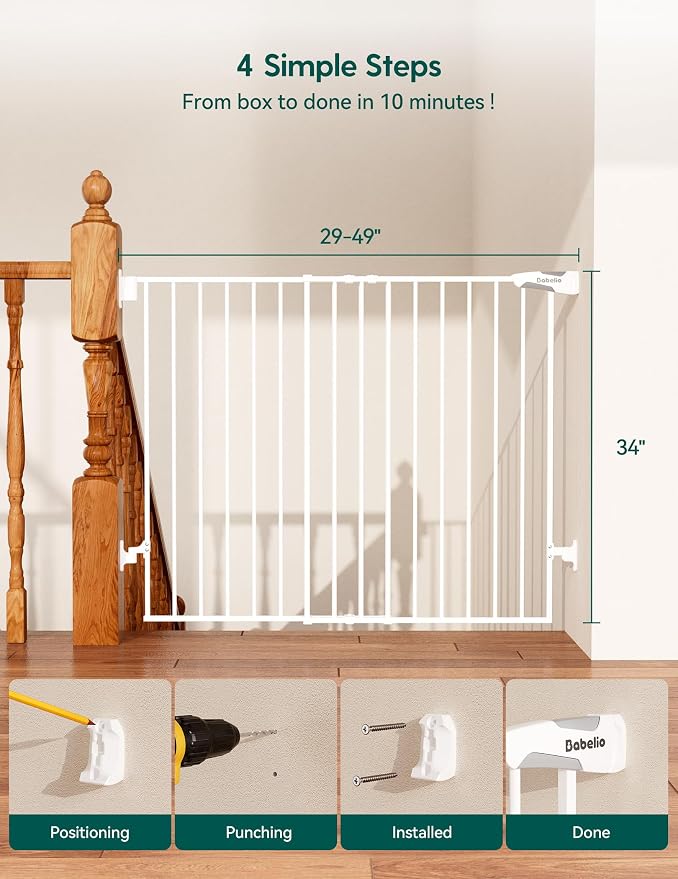 Babelio Baby Gate for Stairs, Kitchen & Doorways, No Bottom Bar| Easy Installation| One-Handed Operation| Auto-Close| Hardware Mount (Drill Needed) Safety Dog Gate (White - B17, 34" H, 29-49" W-Wide) | Easy Install| One-handed Opening| Auto-close| Dril...