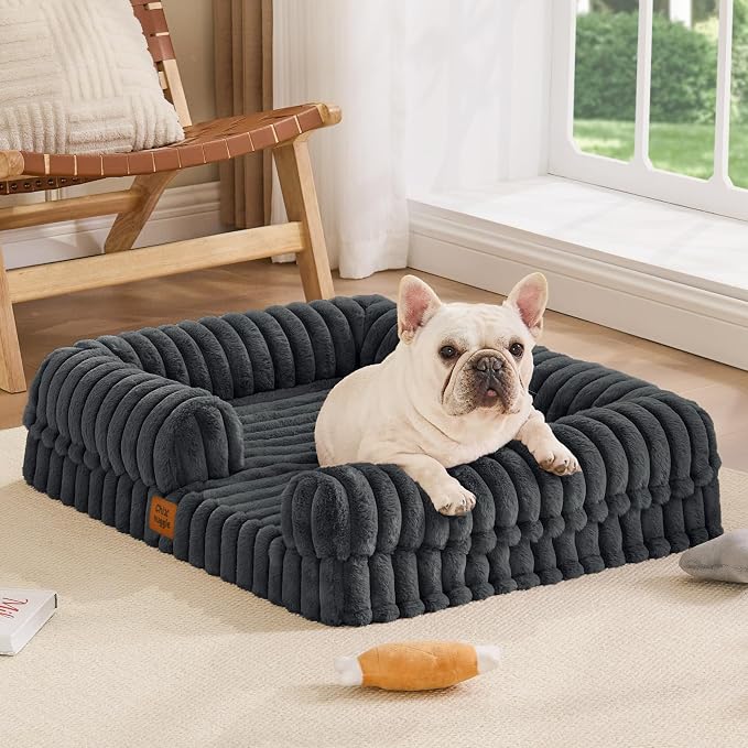 ChiXnuggle Faux Fur Orthopedic Dog Bolster Bed, Waterproof Washable Cover | rectangular dog sofa couch,egg crate foam,non-slip bottom,for small medium dogs,dark grey,30*24*7,puppy bed
