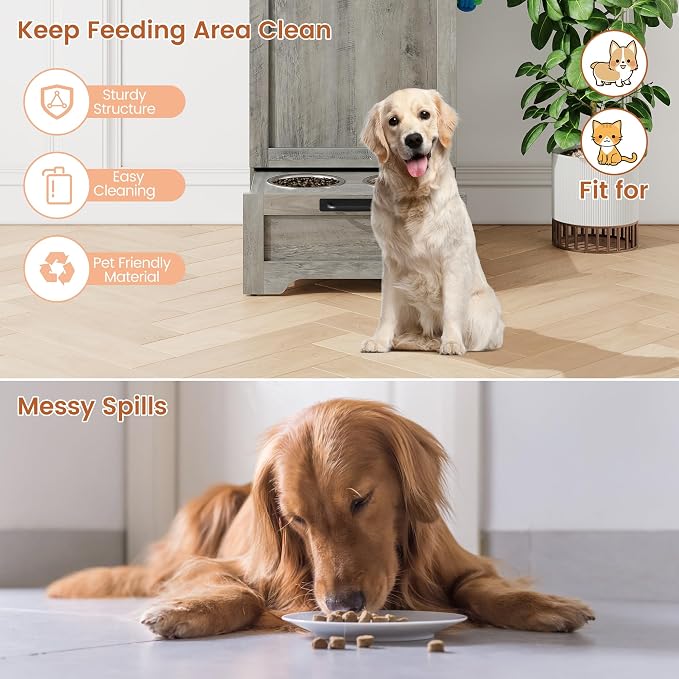 Garvee Dog Feeding Station with 2 Elevated Bowls, Dog Food Storage Cabinet, Flip Top Pet Feeding Station, Food Storage Container, Pet Toy Organizer, Grey