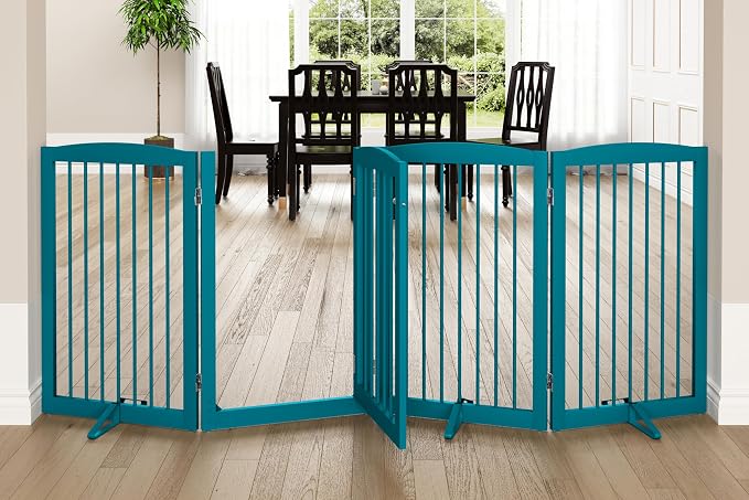 PUPETPO Freestanding Dog Gates with Door Walk Through, Pet Gate for Stairs, 80 inch Wide Gates Indoor, Dog Fences Indoor, Support Feet Included, 4 Panels, 32" Tall, Blue