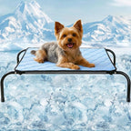 SZEE Elevated Dog Bed, Cooling Dog Cot Bed, Support Up to 65 LBS for Small Breeds, with Durable Steel Frame, Reversible Ice Silk Mat & Sturdy Teslin Mesh, Outdoor & Indoor All-Season Use - S