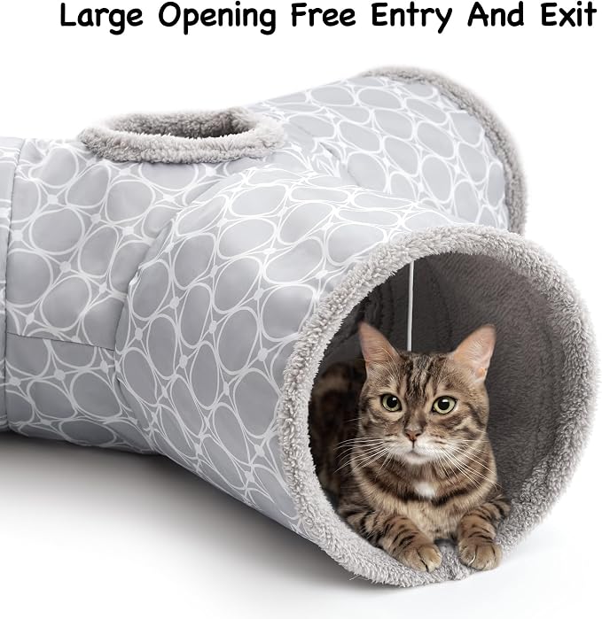 Tempcore Cat Tunnel for Indoor Cats Fleece-Lined in for Warmth, 3 Way Collapsible Pet Play Tunnel with Teaser Wand, Peek Holes & Hanging Ball, Interactive Tube for Kittens & Rabbits, Geometry Grey