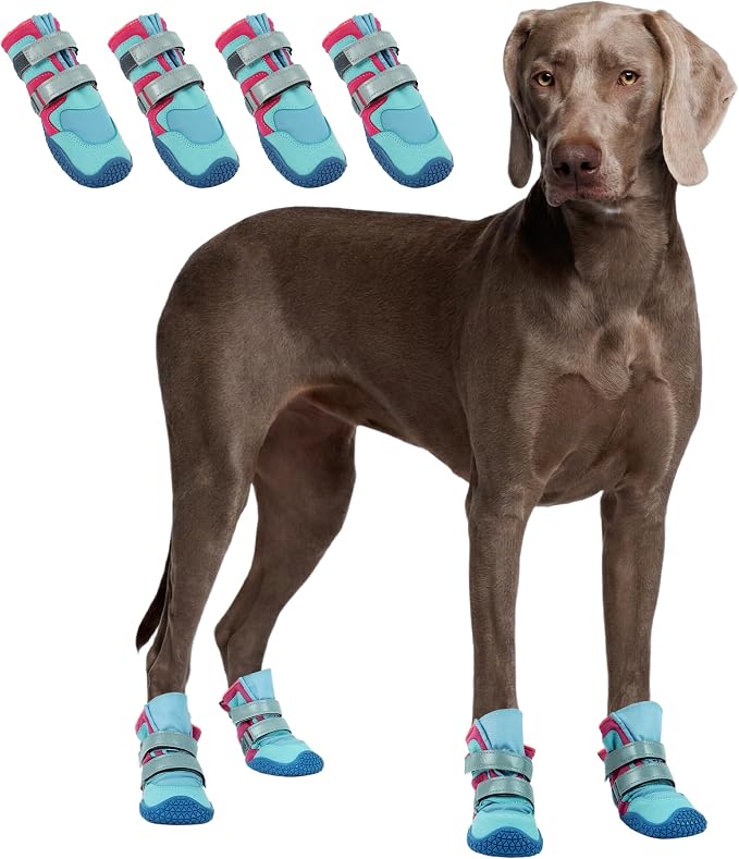 Lelepet 4pcs Dog Shoes for Hot Pavement,Dog Booties for Large Size Dogs | Breathable dog booties with reflective double straps protect paws from hot pavement and outdoor terrain.Blue