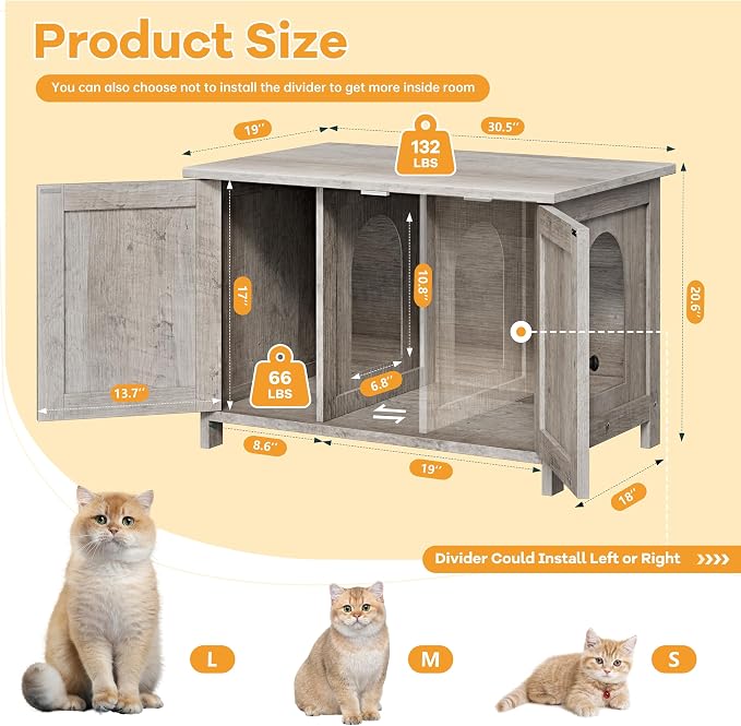 Shintenchi Cat Litter Box Enclosure, Litter Box Furniture Cabinet Hidden with Removable Divider, Wooden Cat House with End Table, Ash Oak Grey, 30.5 inch