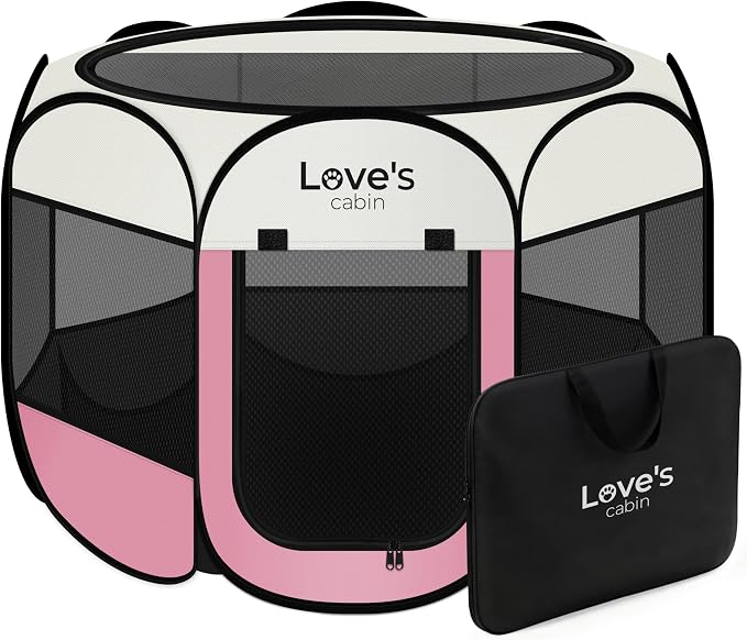 Love's cabin Pet Puppy Dog Playpen, Medium Dog Tent Crates Cage Indoor/Outdoor, Portable Playpen for Cat, Foldable Pop Up Dog Kennel Playpen with Carring Case, Removable Zipper Top, Light Pink
