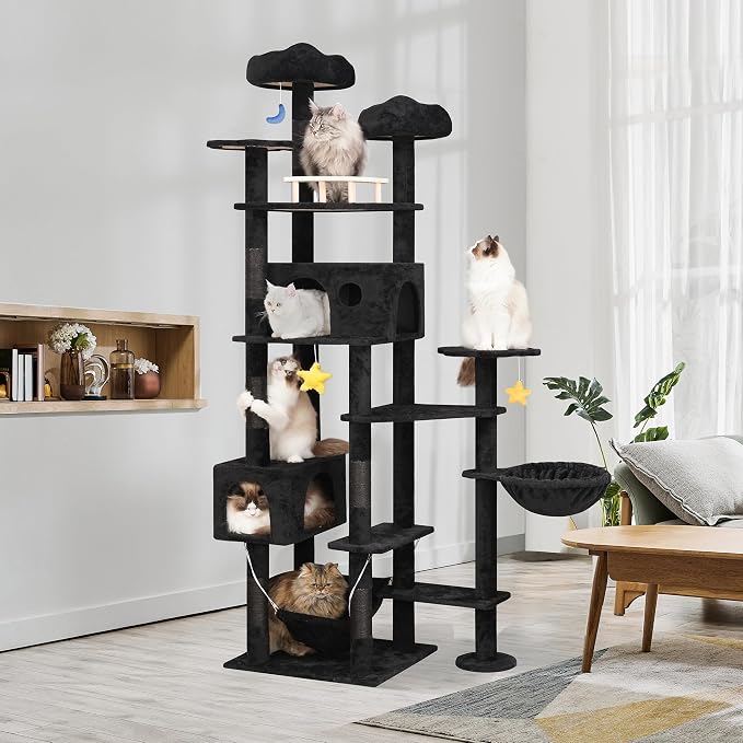 Meecal 79inch Giant Cat Tree for Indoor Cats Large Adult, Multi-Level Heavy Duty Cat Tower with Scratching Post, Cat Condo with Hammocks & Plush Perches, Black