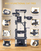 Hzuaneri Large Cat Tree, 72 Inch Tall Multi-Level Cat Tower for Indoor Cats | Cat Condo Furniture with 6 with Sisal Scratching Posts, 2 Large Platforms, 2 Cats House, Hanging Basket, Dark Gray MS18318SG