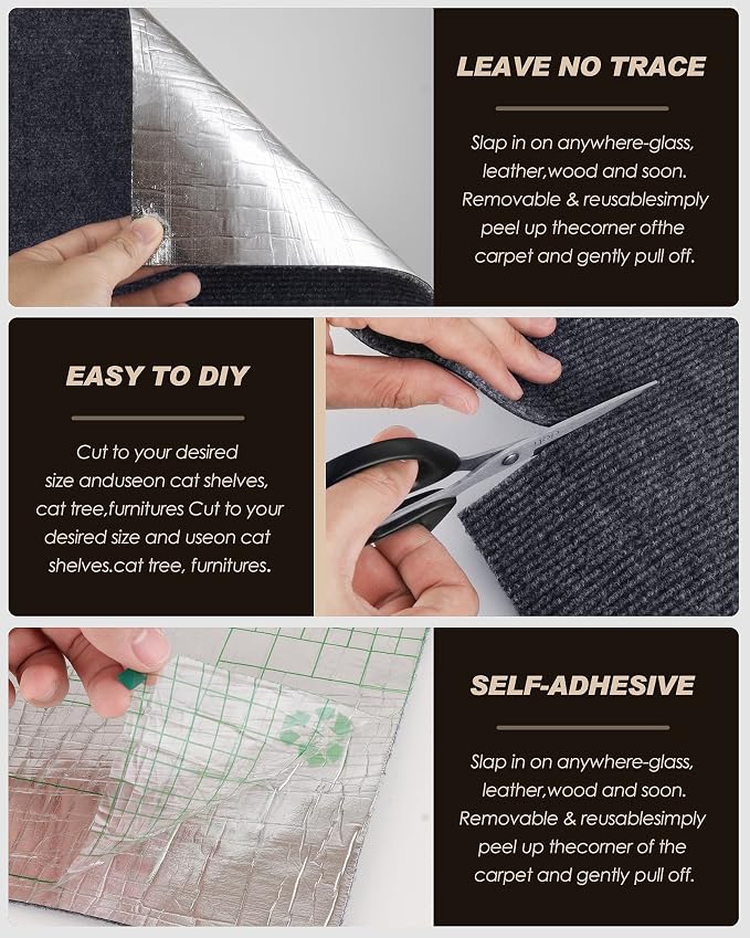 Cat Scratch Furniture Protector, Trimmable Self-Adhesive Carpet, DIY Climb Cat Scratcher Mat for Covering Cat Tower and Couch Protector from Cat Claws (78.7x15.8in Dark Gray)
